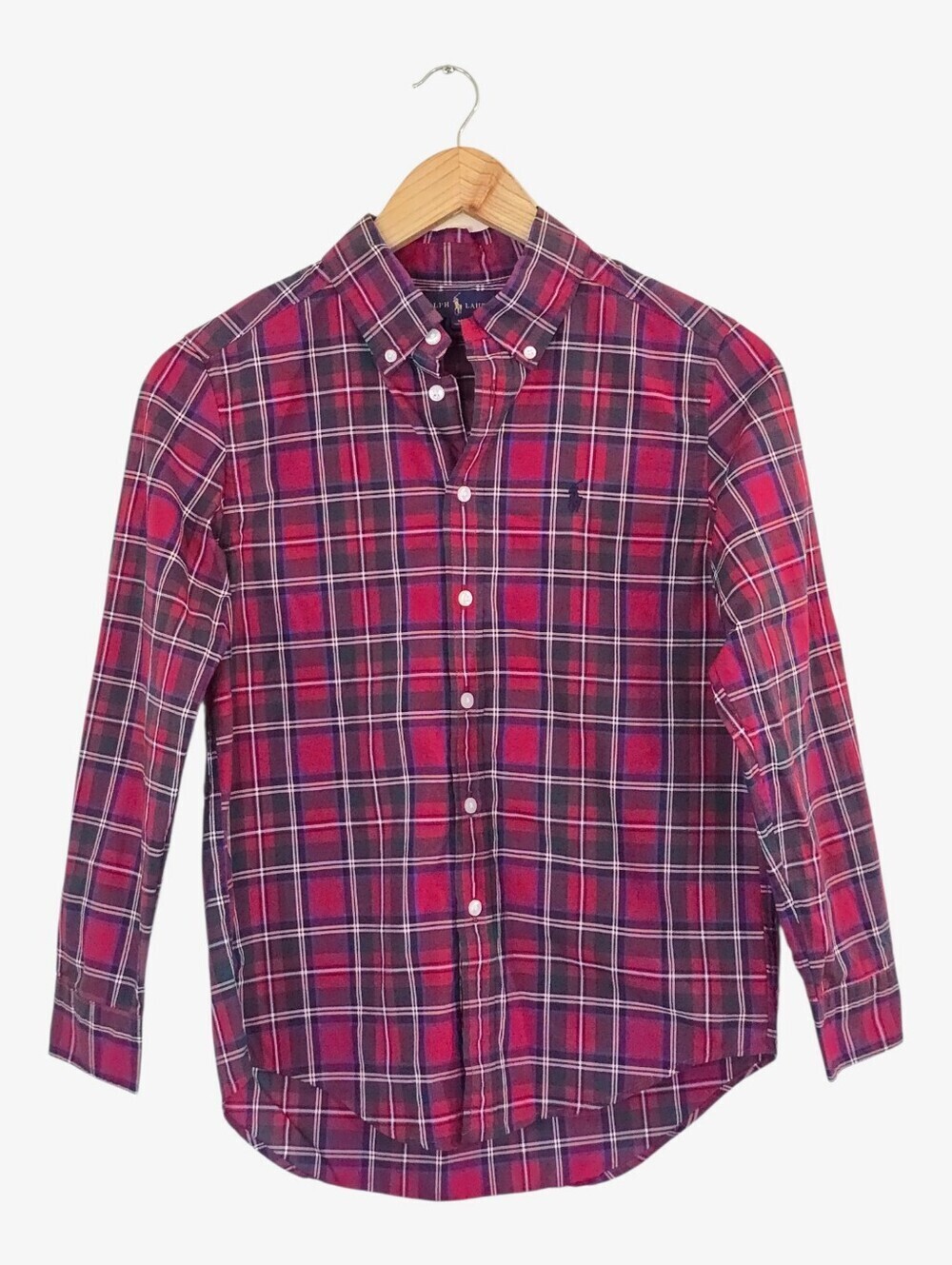 Ralph Lauren Boys Plaid Check Button Down Shirt Red Green Cotton Size M 10-12